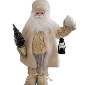 Beige Cream Woodland Santa Figurine Tabletop Mantel Christmas Decor